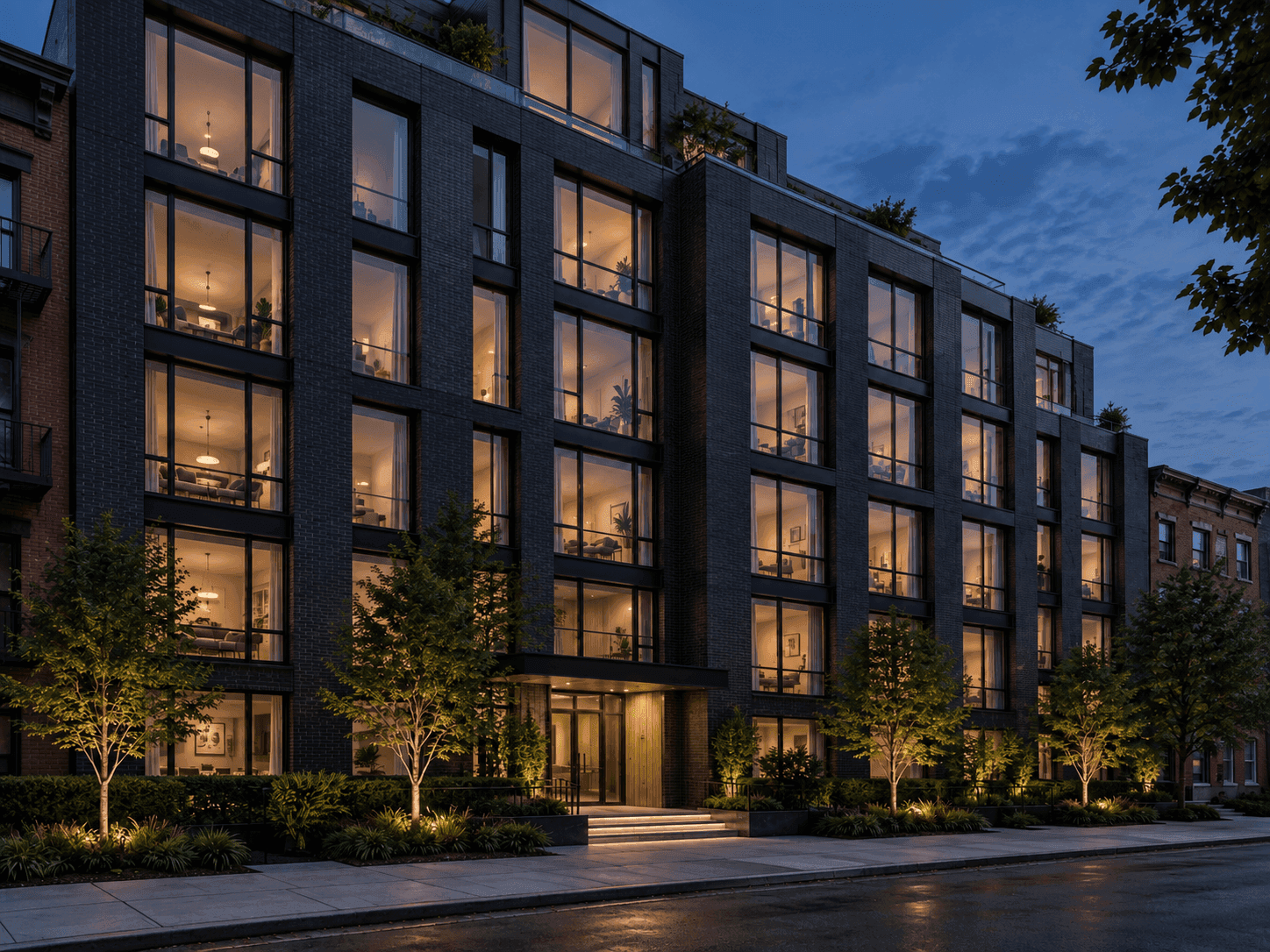 Completed HY Development apartment building in Brooklyn at dusk