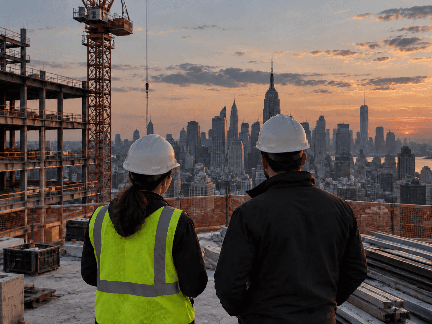 HY Development construction team overlooking the New York skyline