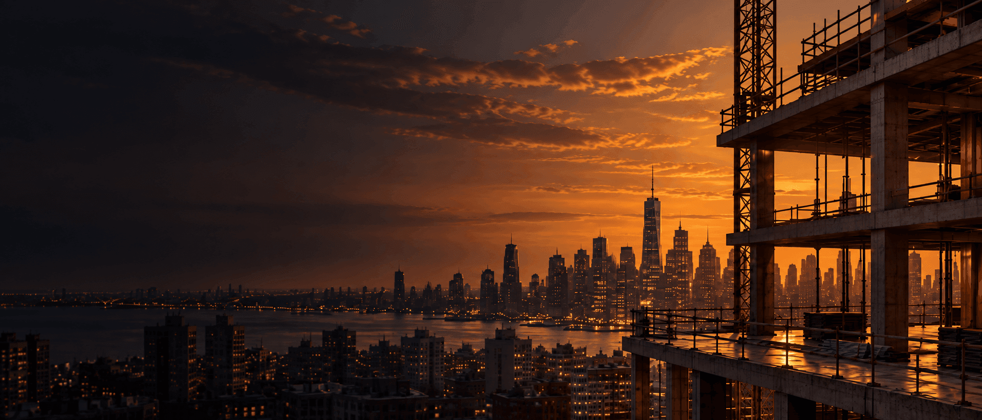New York construction project at dusk